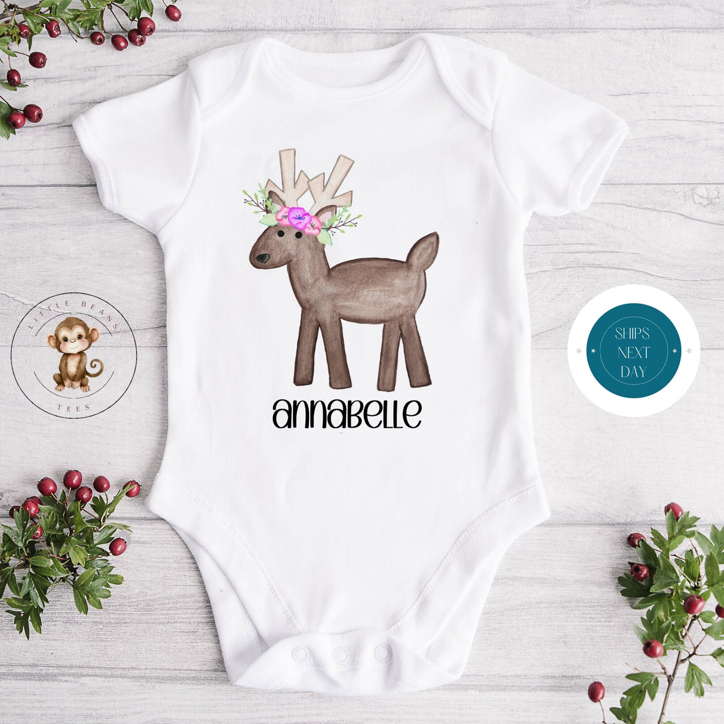 Girly Reindeer Personalized Holiday Kids Tshirt | Custom Kids Tshirt | Christmas Tee | Flower Reindeer Kids Tshirt