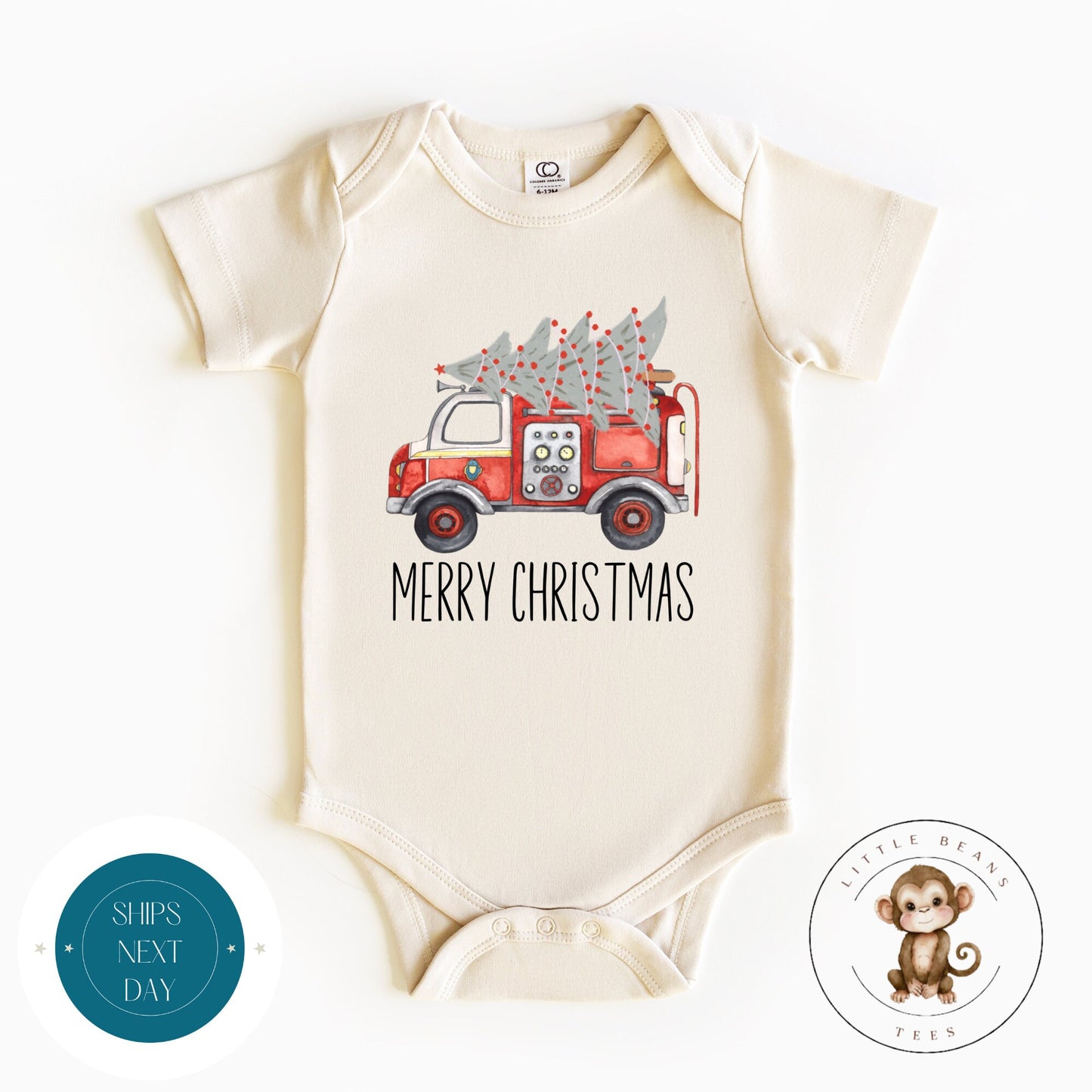 Firetruck Merry Christmas Natural Baby Onesie | Personalized Kids Tshirt | Cute Christmas Onesie | Holiday Baby Gift