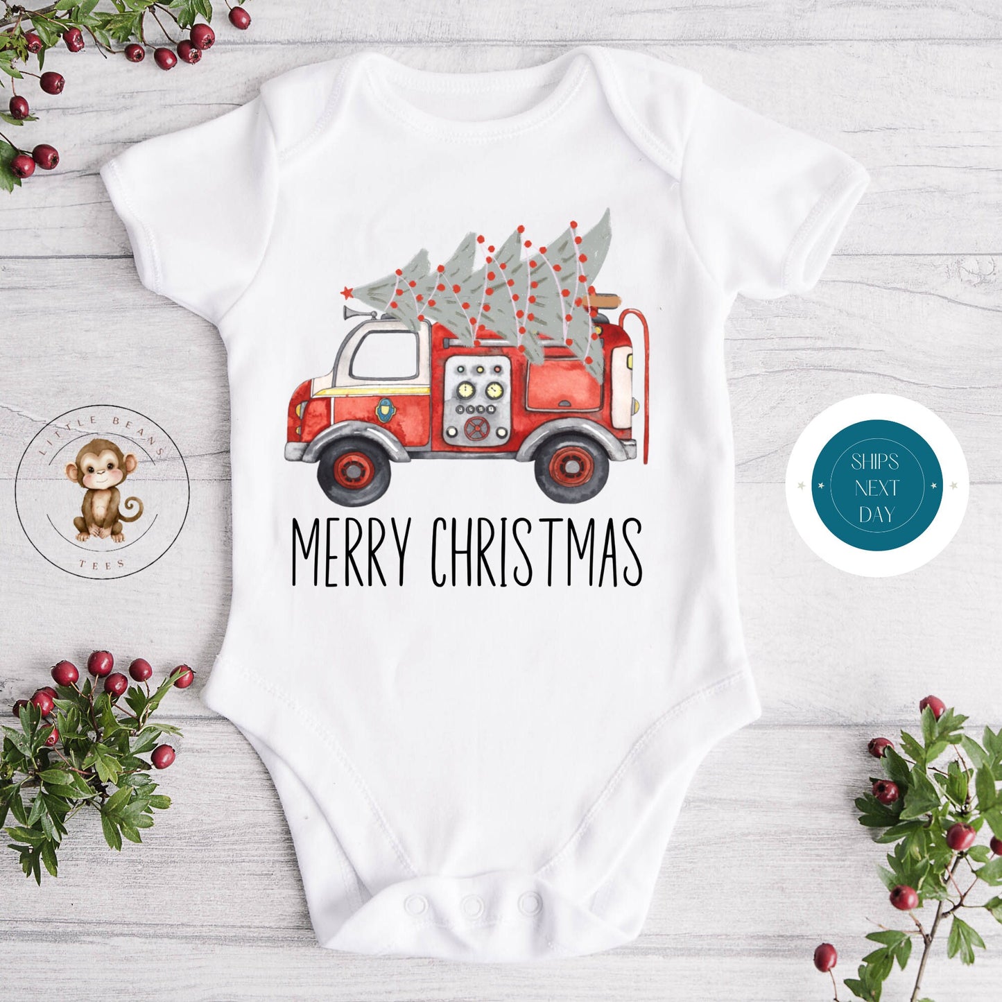 Firetruck Merry Christmas Natural Baby Onesie | Personalized Kids Tshirt | Cute Christmas Onesie | Holiday Baby Gift