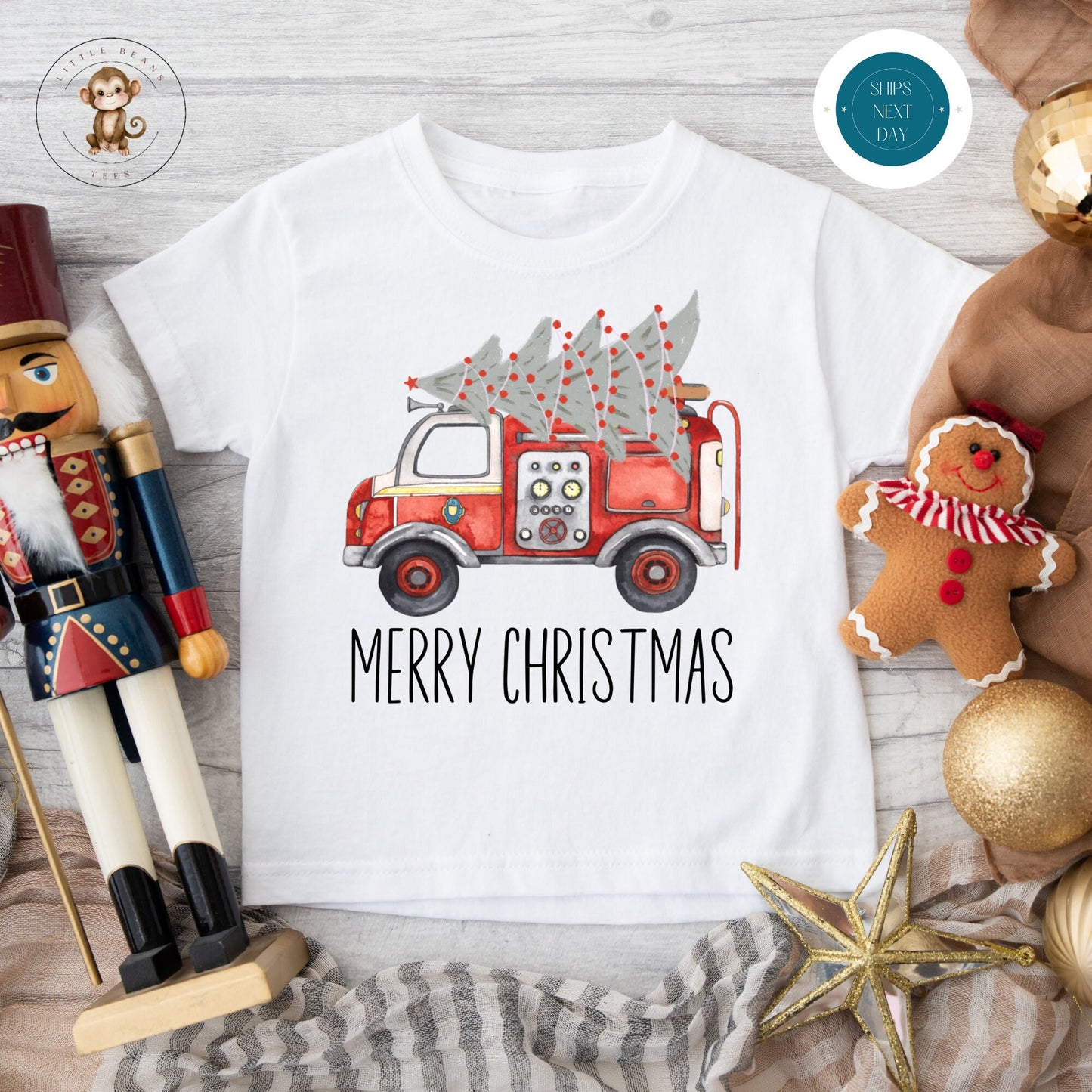 Firetruck Merry Christmas Natural Baby Onesie | Personalized Kids Tshirt | Cute Christmas Onesie | Holiday Baby Gift