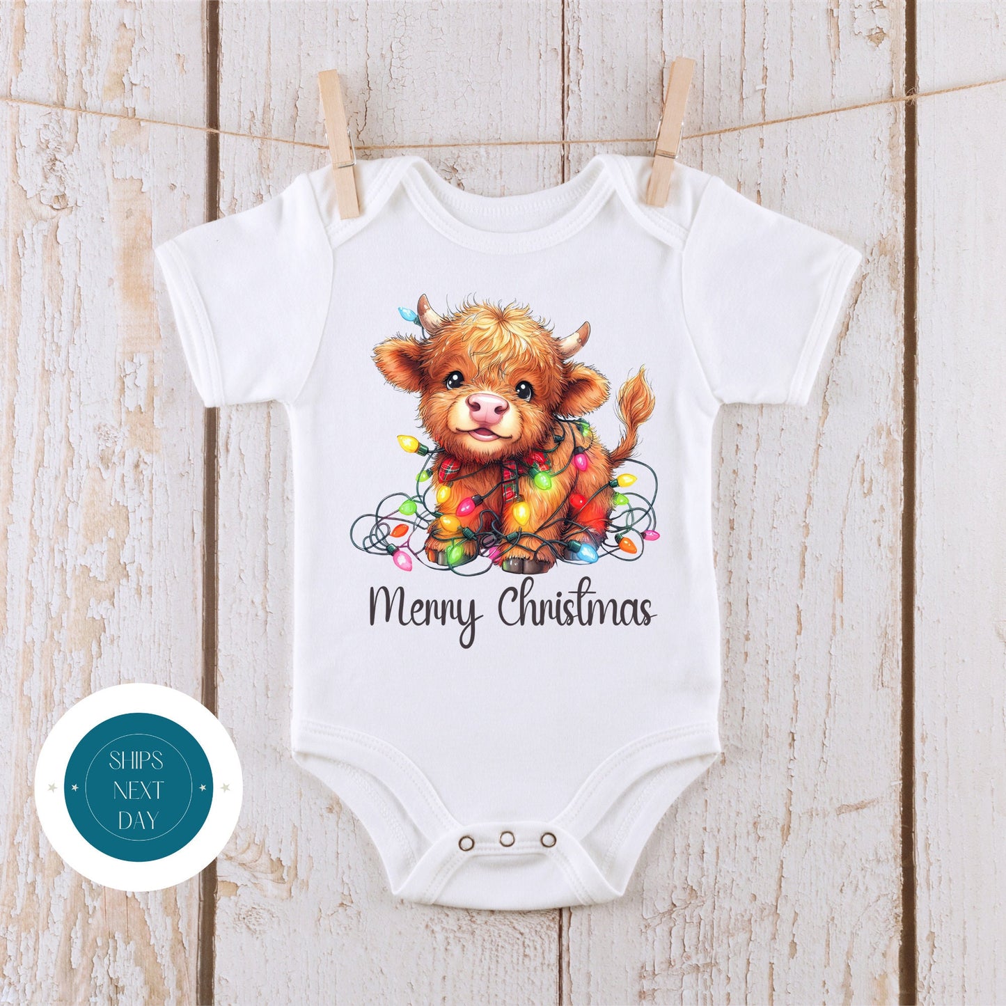 Baby Cow Lights Kids Tshirt | Cute Christmas Onesie | Holiday Kids Tshirt | Custom Baby Bodysuit