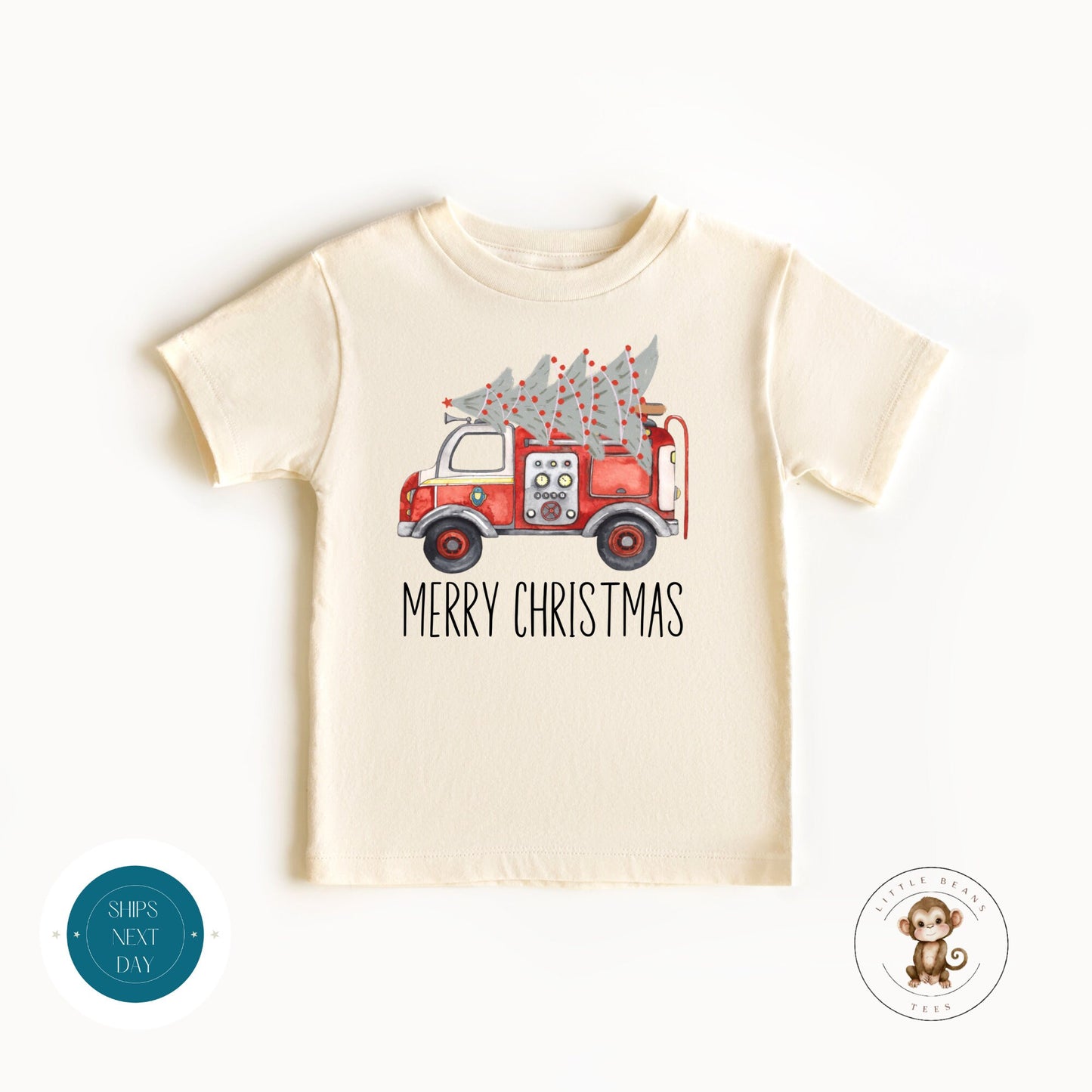 Firetruck Merry Christmas Natural Baby Onesie | Personalized Kids Tshirt | Cute Christmas Onesie | Holiday Baby Gift