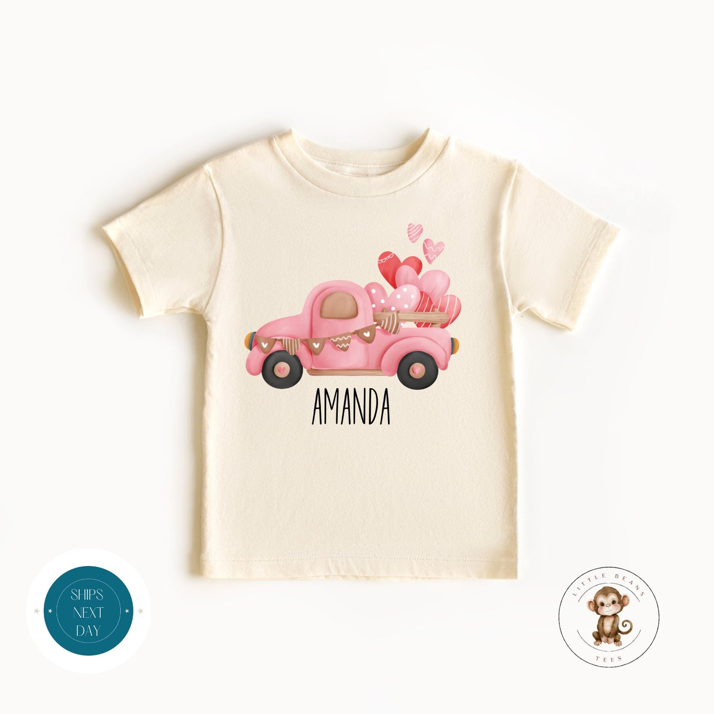 Pink Truck Hearts Personalized Baby Onesie | Valentine Name Kids Tshirt | Custom Baby Bodysuit | Valentines Day Tee