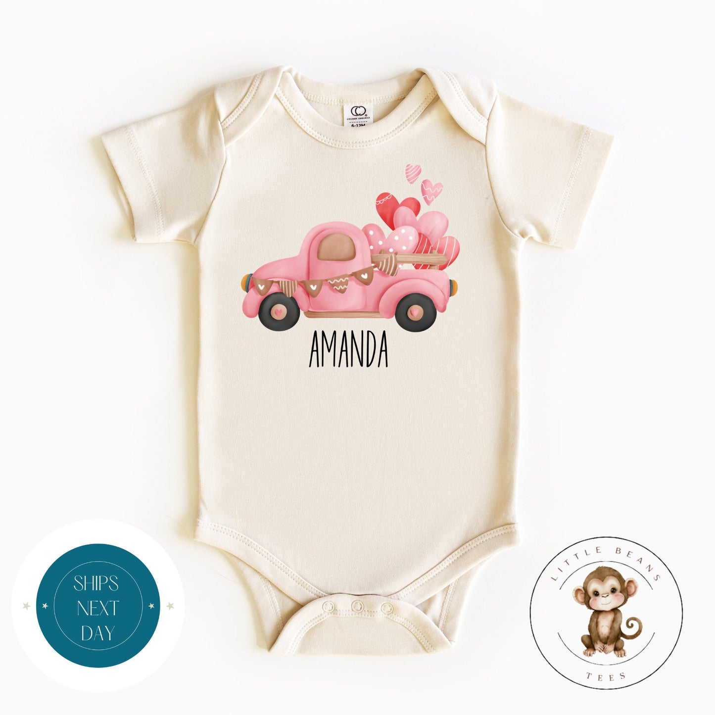 Pink Truck Hearts Personalized Baby Onesie | Valentine Name Kids Tshirt | Custom Baby Bodysuit | Valentines Day Tee