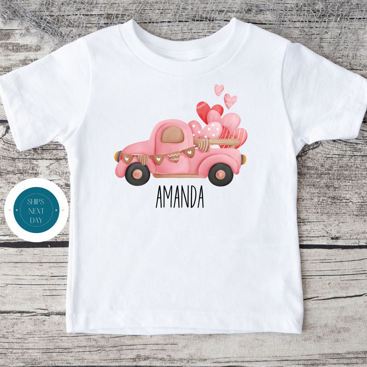 Pink Truck Hearts Personalized Baby Onesie | Valentine Name Kids Tshirt | Custom Baby Bodysuit | Valentines Day Tee