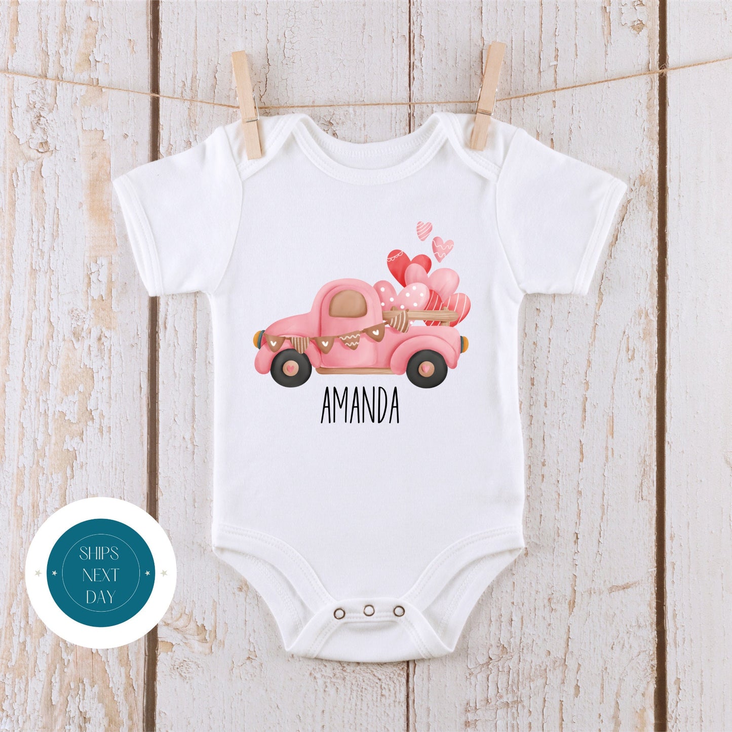 Pink Truck Hearts Personalized Baby Onesie | Valentine Name Kids Tshirt | Custom Baby Bodysuit | Valentines Day Tee