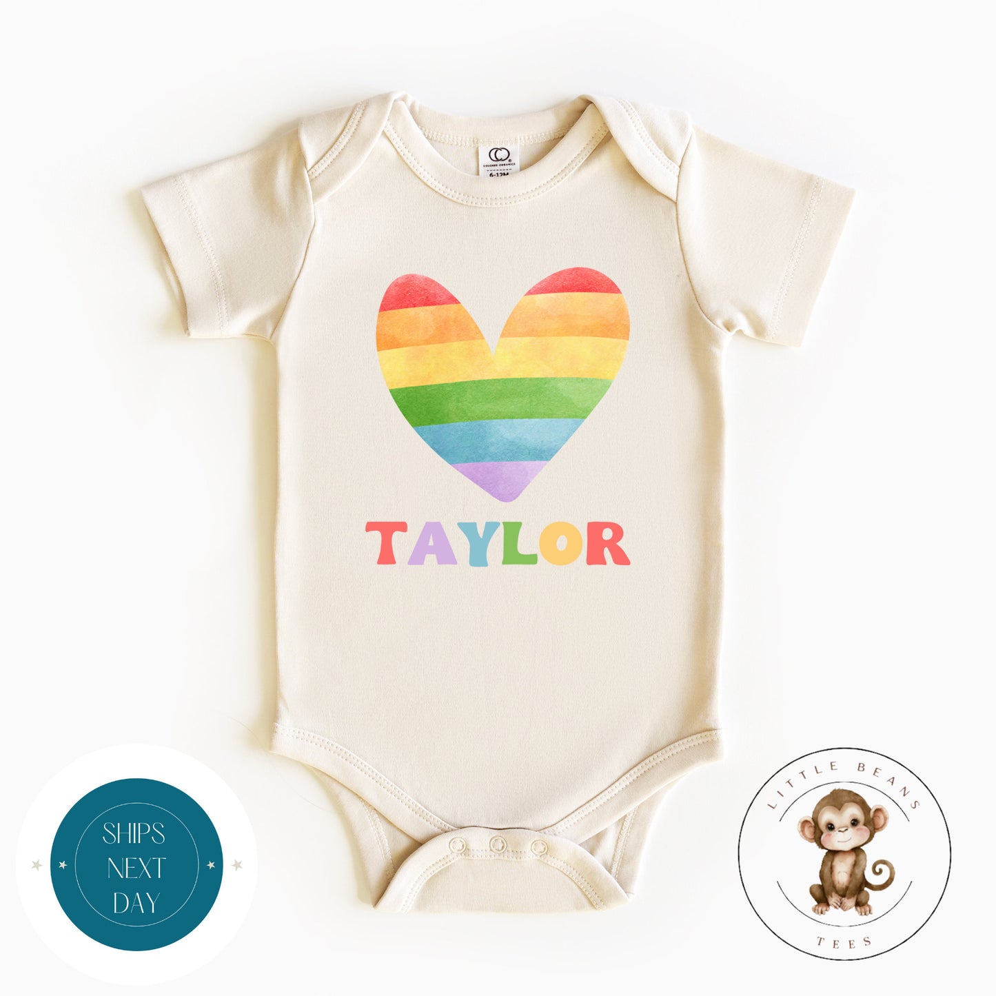 Rainbow Heart Personalized Natural Kids Tshirt | Cute Valentines Onesie® | Holiday Kids Tshirt | Custom Baby Bodysuit