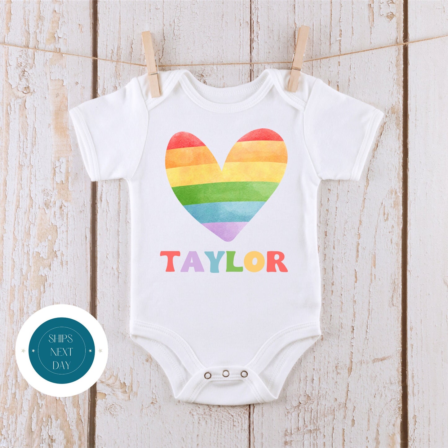 Rainbow Heart Personalized Natural Kids Tshirt | Cute Valentines Onesie® | Holiday Kids Tshirt | Custom Baby Bodysuit