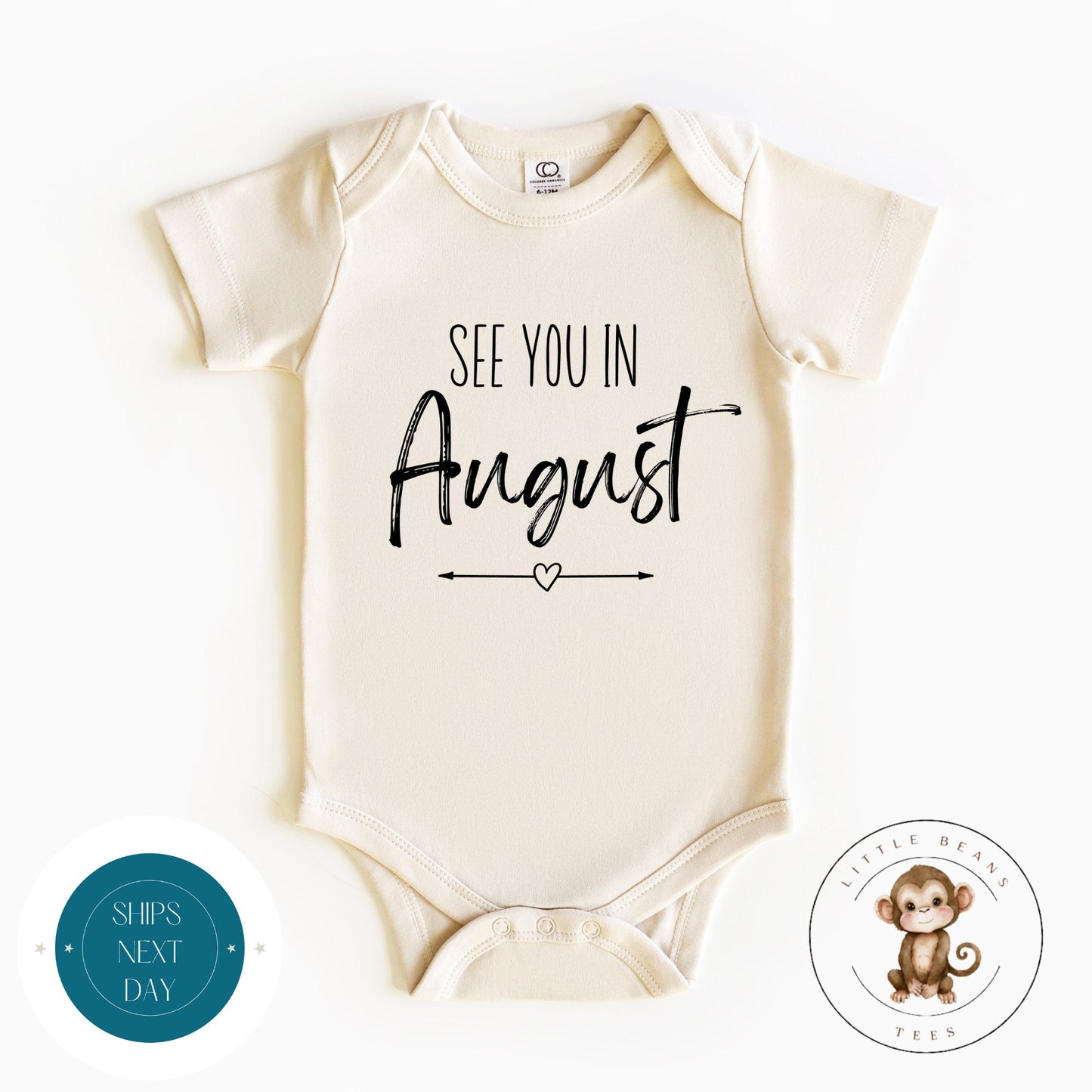 See You in August Baby Reveal Onesie® | Custom Month Baby Annoucement Onesie® | Baby Shower Gift | New Baby