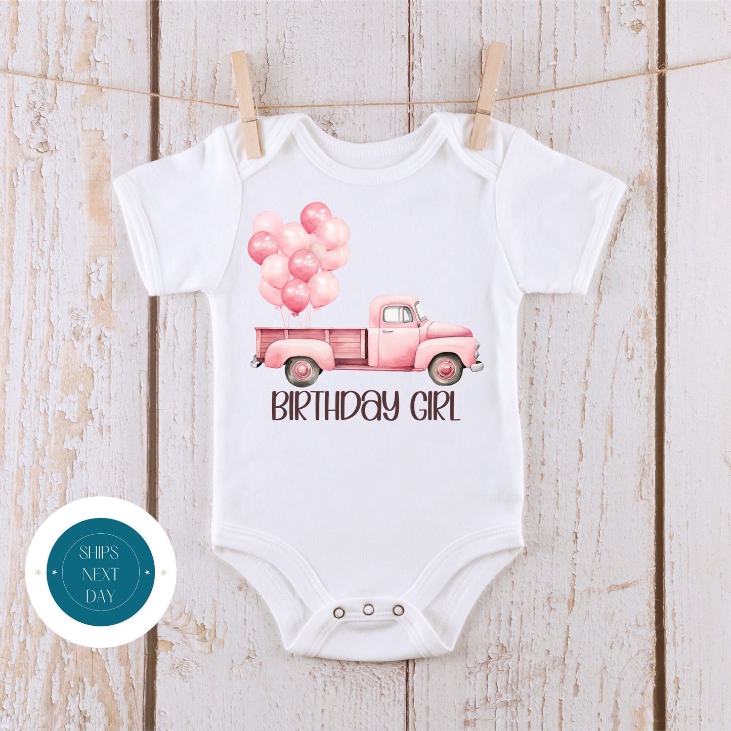 Pink Truck Balloons Personalized Birthday Tshirt | Name Birthday Onesie® | Cute Girly Birthday Tee