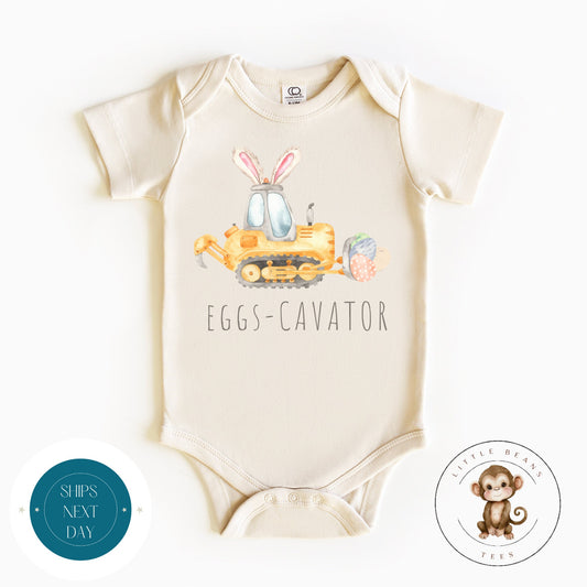 Easter Eggs Cavator Tractor Baby Onesie | Cute Easter Kids Tshirt | Easter Bunny Gift Onesie