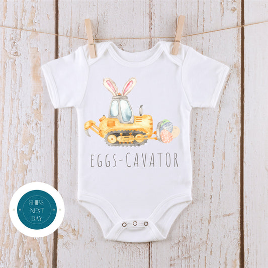 Easter Eggs Cavator Tractor Cute Baby Onesie | Cute Easter Kids Tshirt | Easter Bunny Gift Onesie