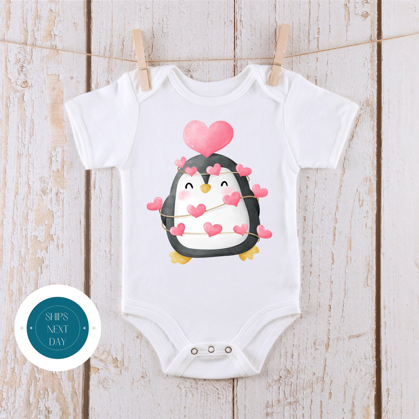 Penguin Heart Valentine Baby Onesie | Valentine Kids Tshirt | Custom Baby Bodysuit | Valentines Day Tee