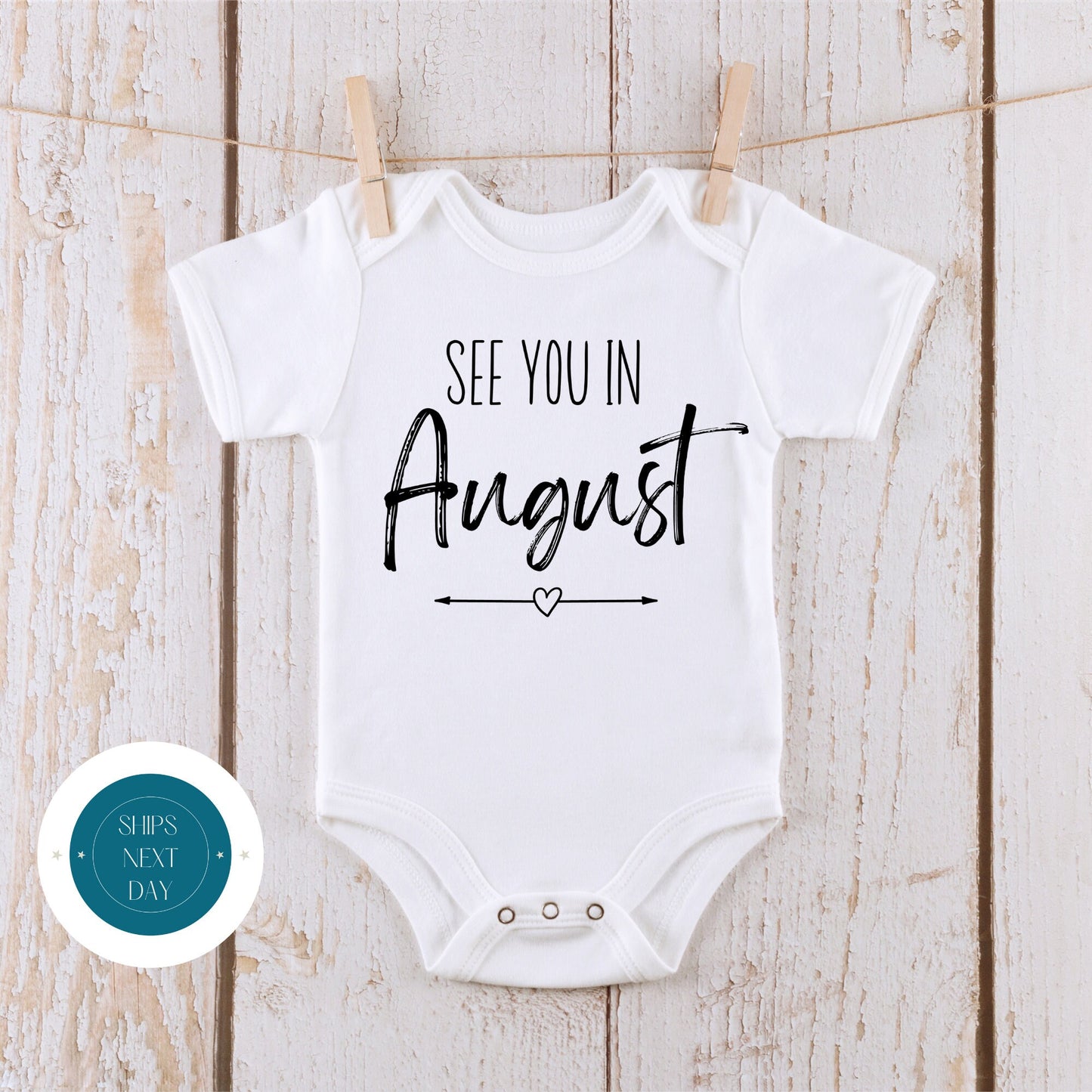 See You in August Announcement Baby Onesie® | Custom Month Baby Reveal Onesie® | Baby Shower Gift | New Baby