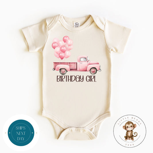 Pink Truck Balloons Personalized Birthday Tshirt | Name Birthday Onesie® | Cute Girly Birthday Tee