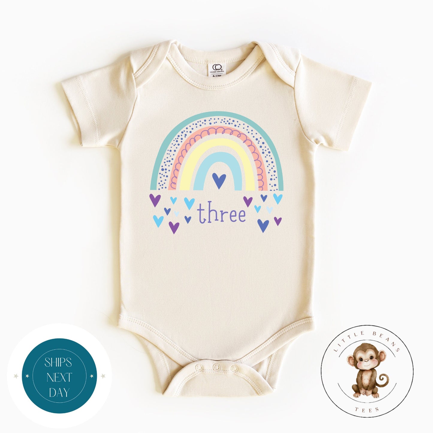 3rd Birthday Girl Rainbow Hearts Kids Tshirt | Rainbow Birthday Natural Onesie® | Birthday Girl Cute Tee