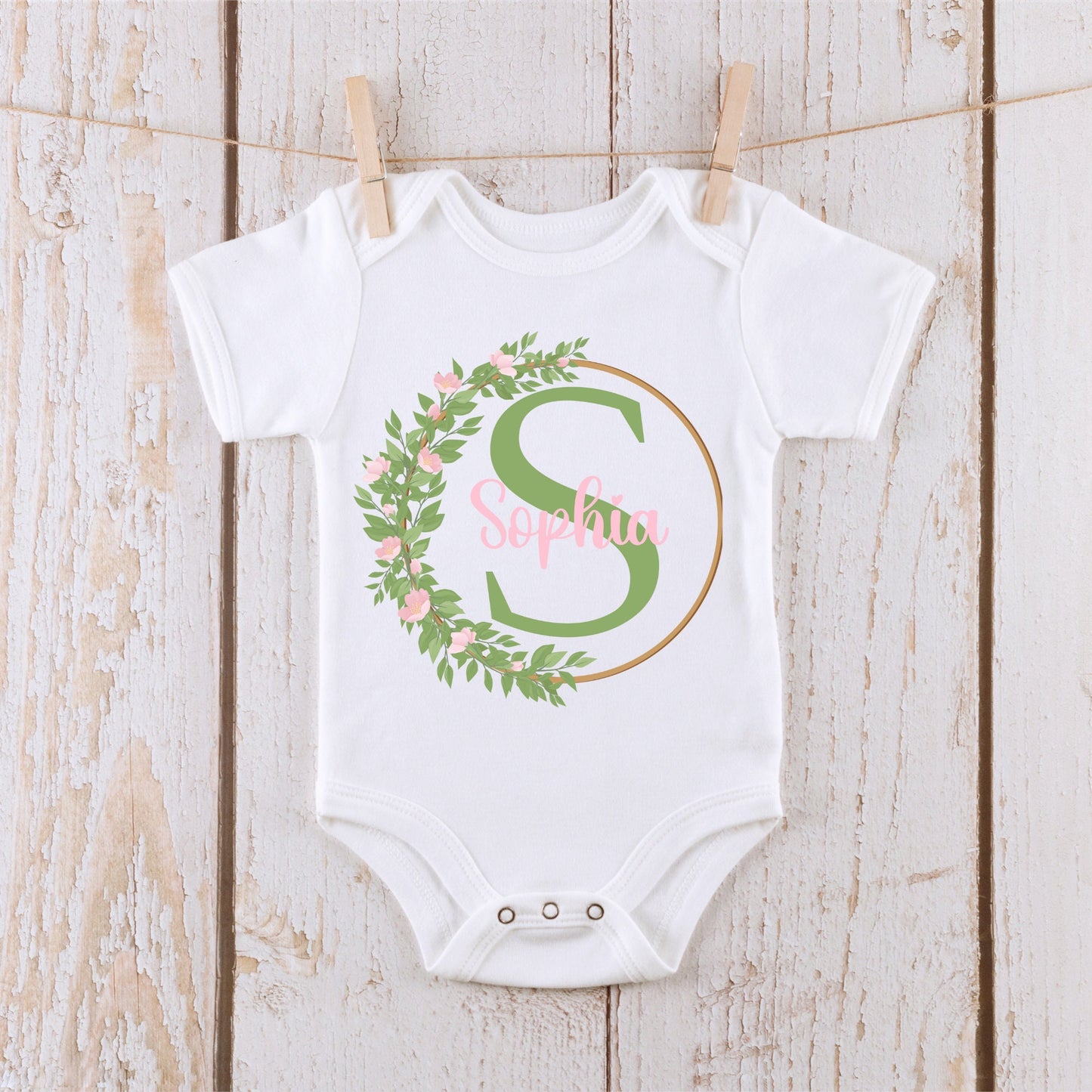 Floral Circle Pink Green Personalized Baby Onesie®® Kids Tshirt Baby Bodysuit Onesie®®