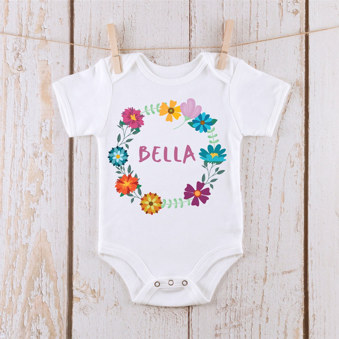 Bright Flower Wreath Letter Personalized Name Baby Onesie®® | Custom Kids Tshirt | Baby Bodysuit | Girly Onesie®