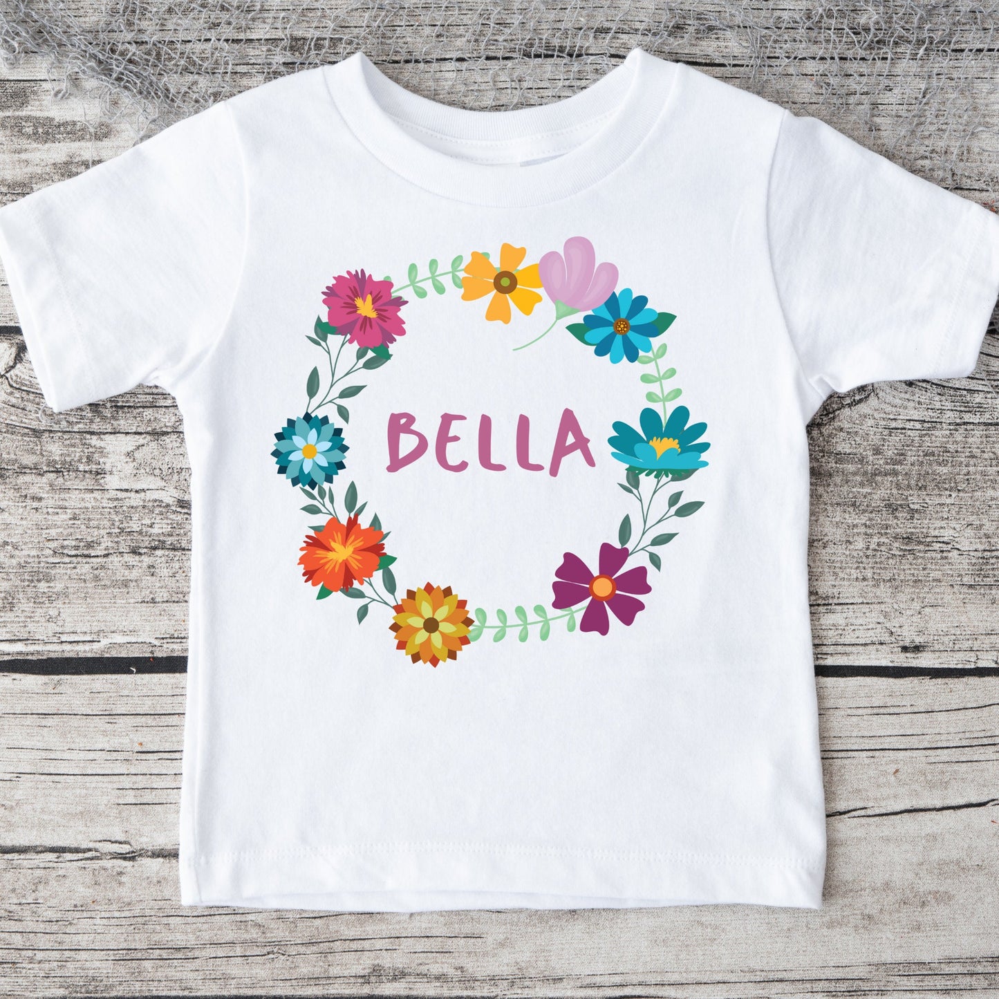 Bright Flower Wreath Letter Personalized Name Baby Onesie®® | Custom Kids Tshirt | Baby Bodysuit | Girly Onesie®