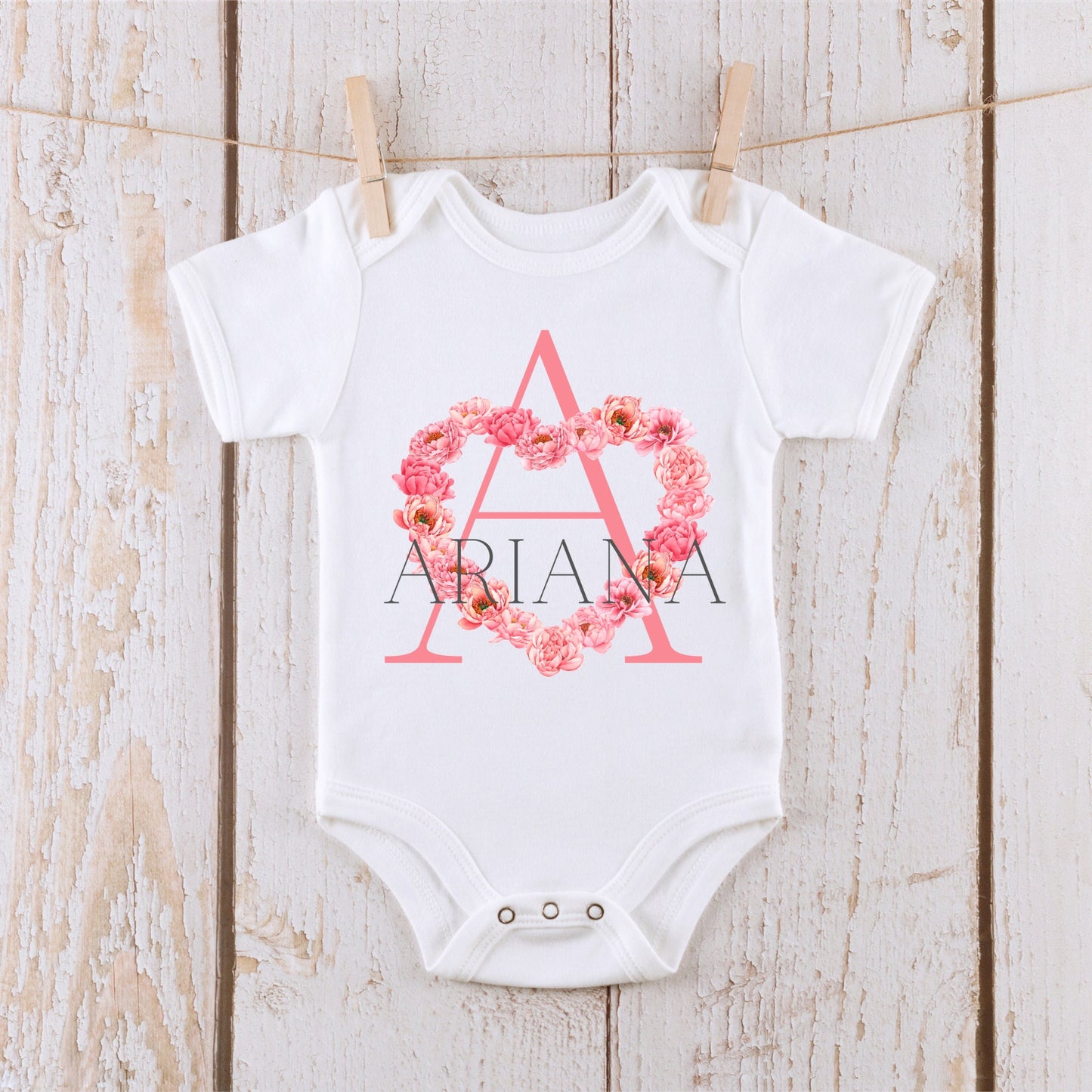 Floral Heart Initial | Custom Baby Onesie®® | Name Letter Shirt | Personalized Kids Tshirt | Custom Baby Bodysuit