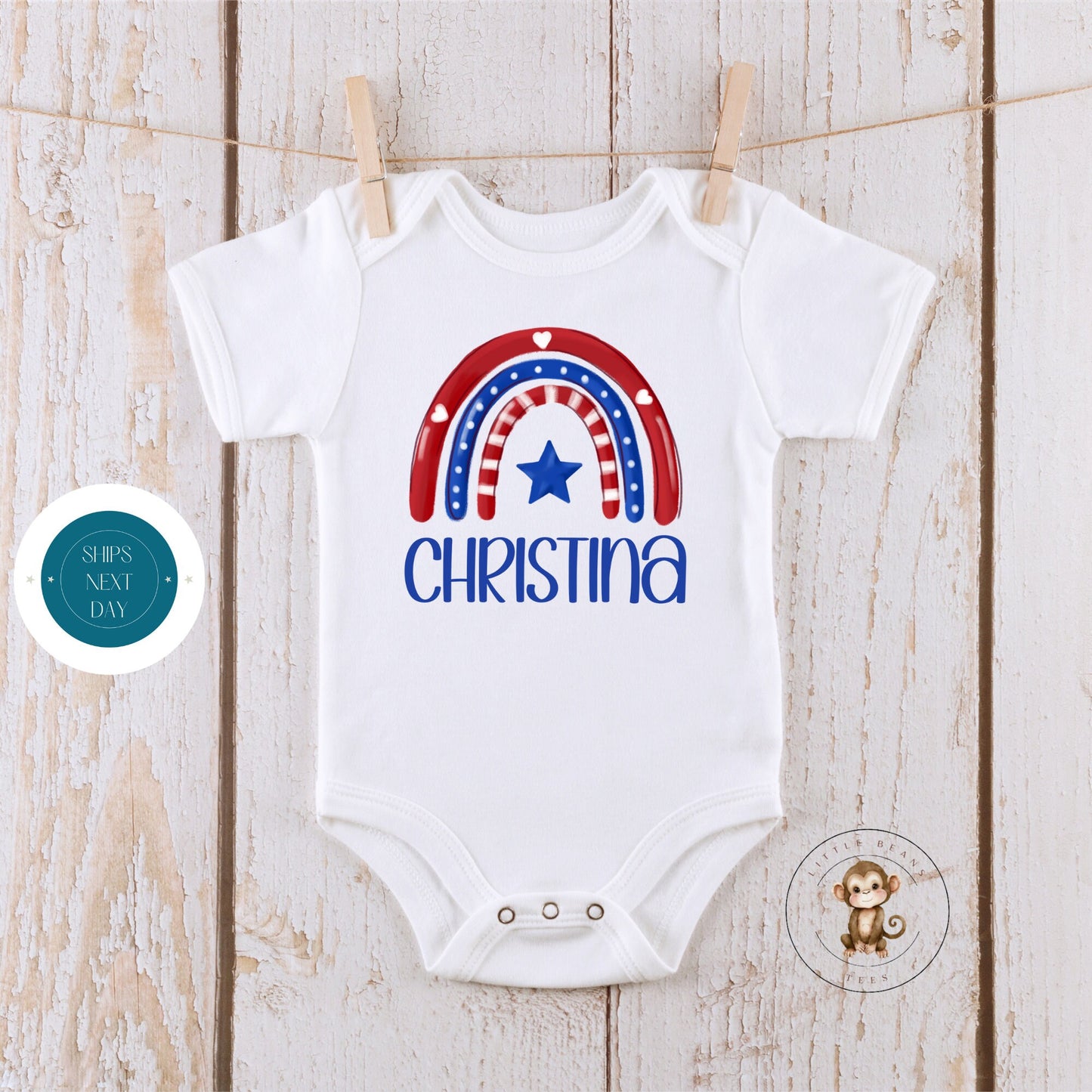 Rainbow Hearts Name 4th of July Baby Onesie®® | Custom Kids Tshirt | 4th of July Onesie® | Personalized Name