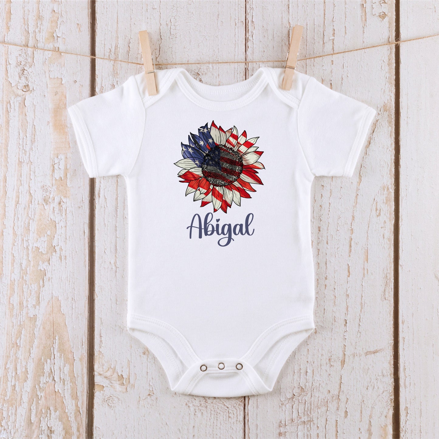 Flag Sunflower Name 4th of July Baby Onesie®® | Custom Kids Tshirt | 4th of July Onesie® | Personalized Name