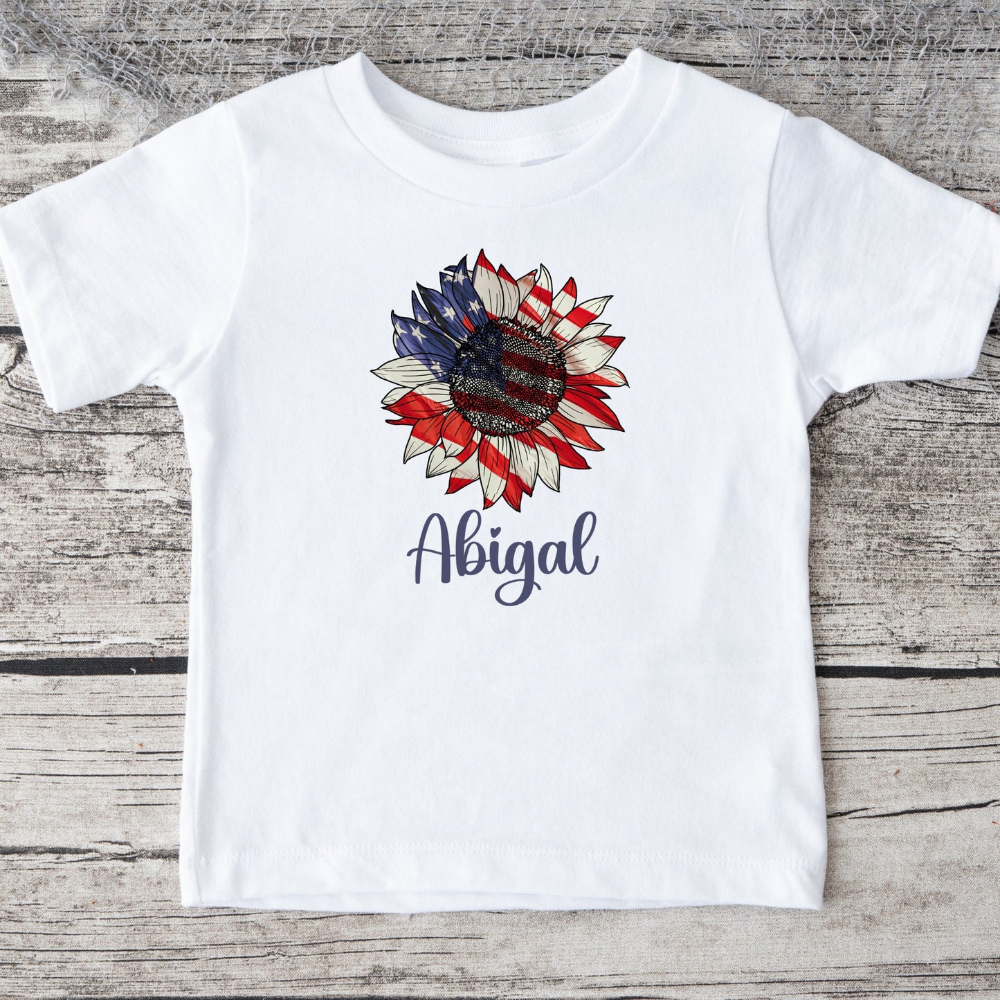 Flag Sunflower Name 4th of July Baby Onesie®® | Custom Kids Tshirt | 4th of July Onesie® | Personalized Name