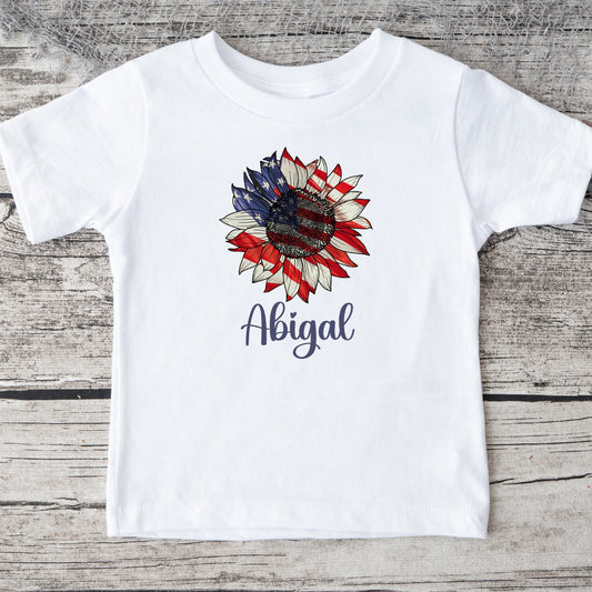 Flag Sunflower Name 4th of July Baby Onesie®® | Custom Kids Tshirt | 4th of July Onesie® | Personalized Name