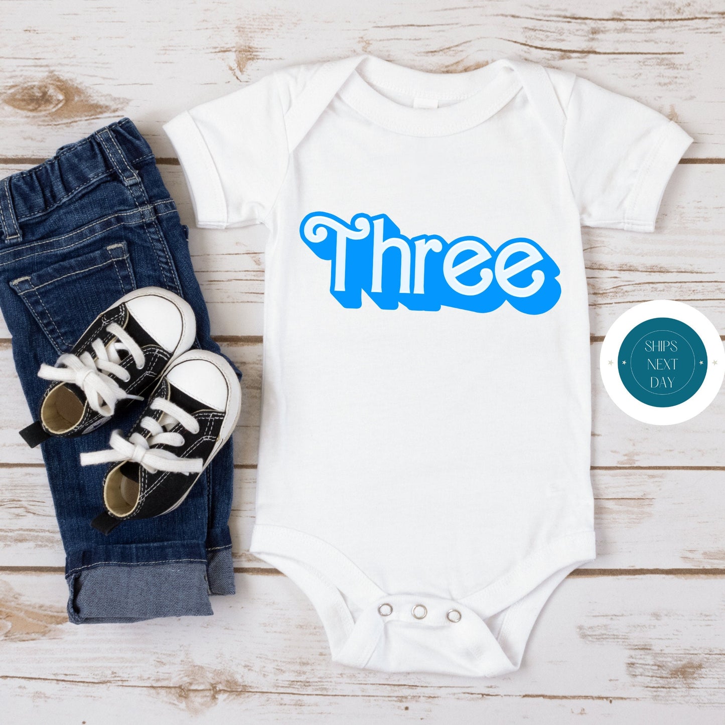 Shadow Font THREE Birthday Tshirt | Custom Birthday Kids Tshirt | Boys Birthday Onesie®