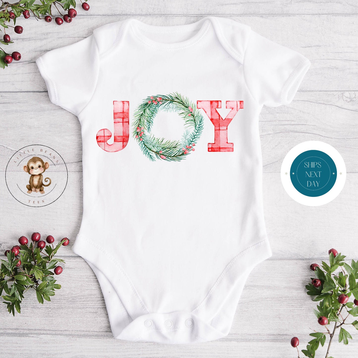 Joy Wreath Christmas Holiday Onesie® | Custom Kids Tshirt | Cute Baby Christmas Onesie® | Holiday Baby Gift