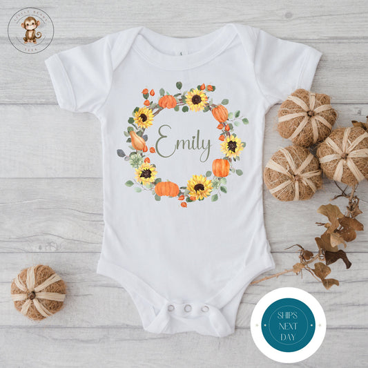 Pumpkin Wreath Personalized Name Onesie® | Pretty Fall Onesie® | Cute Baby Shower Gift