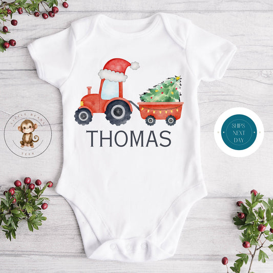 Red Tractor Personalized Christmas Baby Onesie® | Custom Kids Tshirt | Cute Christmas Onesie® | Holiday Baby Gift | Christmas Name Onesie®