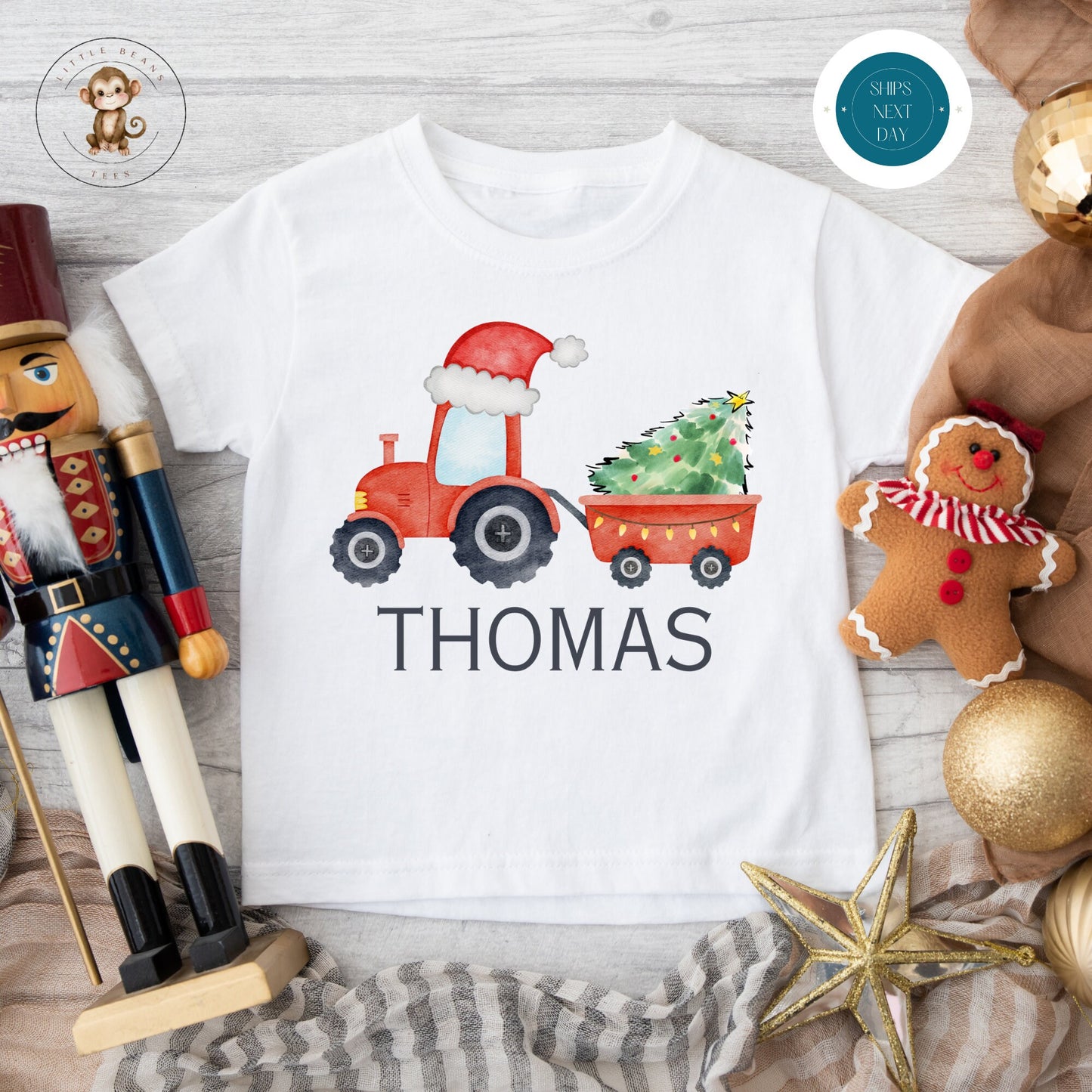 Red Tractor Personalized Christmas Baby Onesie® | Custom Kids Tshirt | Cute Christmas Onesie® | Holiday Baby Gift | Christmas Name Onesie®