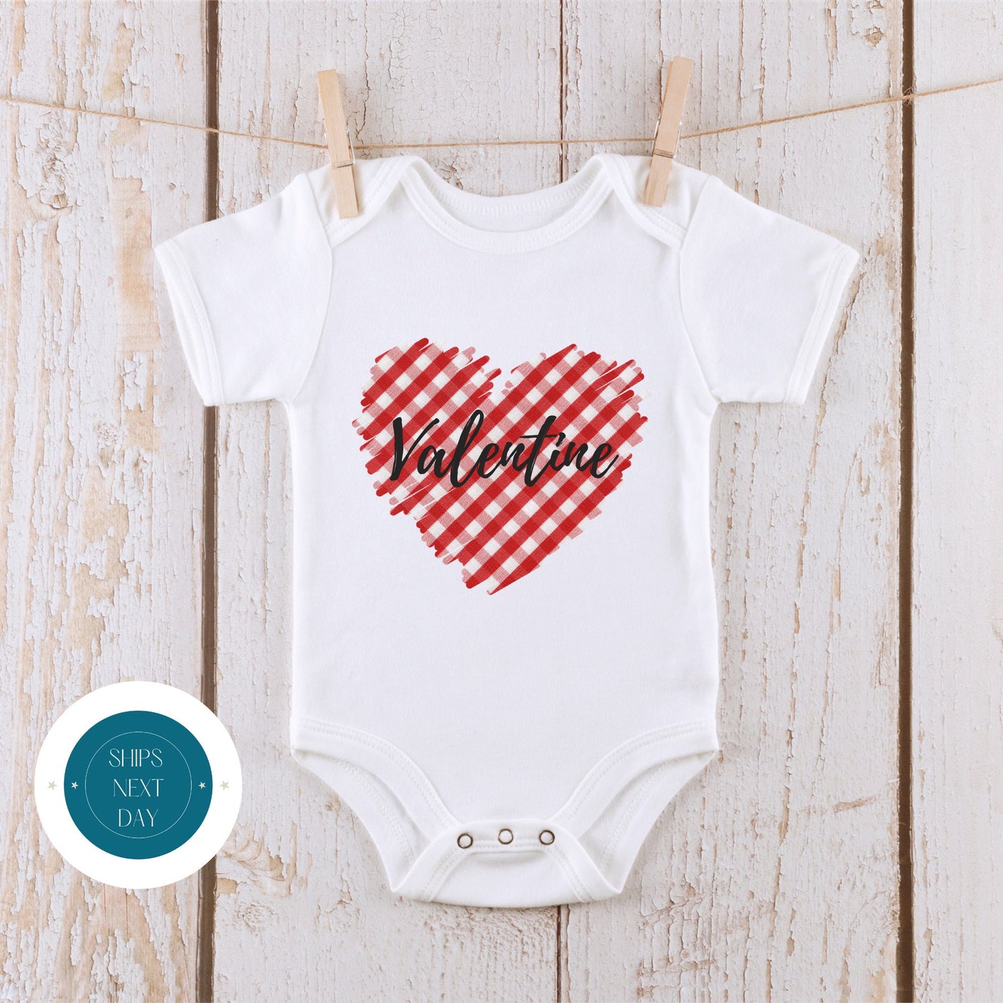 Red Gingham Personalized Heart Baby Onesie® | Valentine Kids Tshirt | Custom Baby Bodysuit | Valentines Day Tee