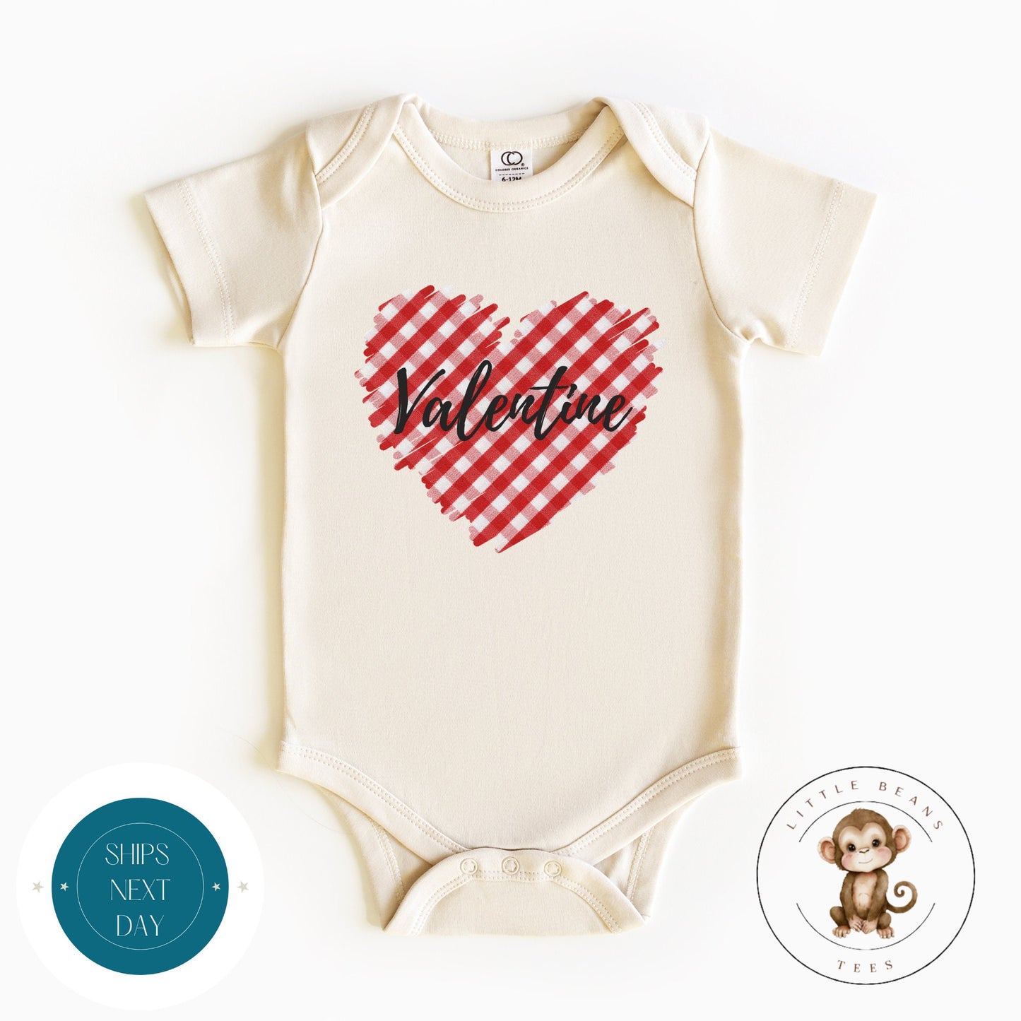 Red Gingham Personalized Heart Baby Onesie® | Valentine Kids Tshirt | Custom Baby Bodysuit | Valentines Day Tee