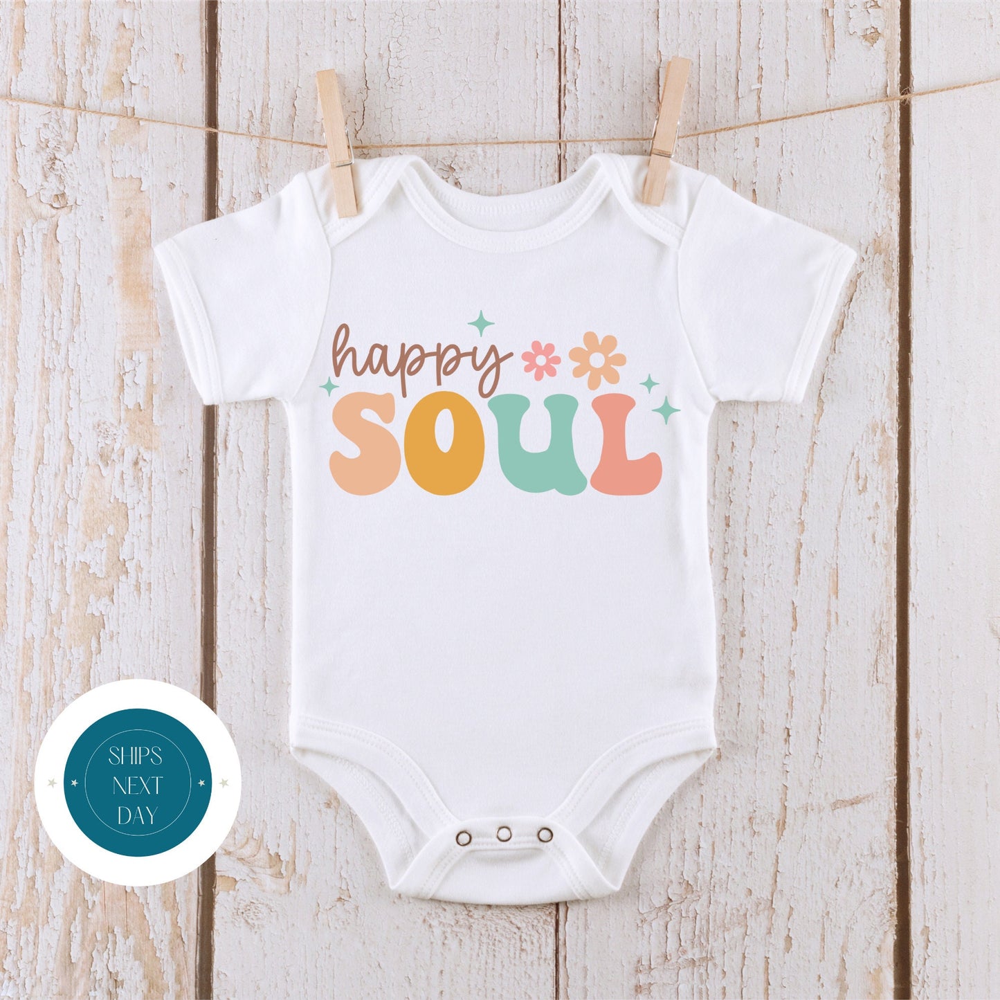 Happy Soul Natural Baby Onesie® | Retro Kids Tshirt | Cute Baby Shower Gift | New Parent Gift