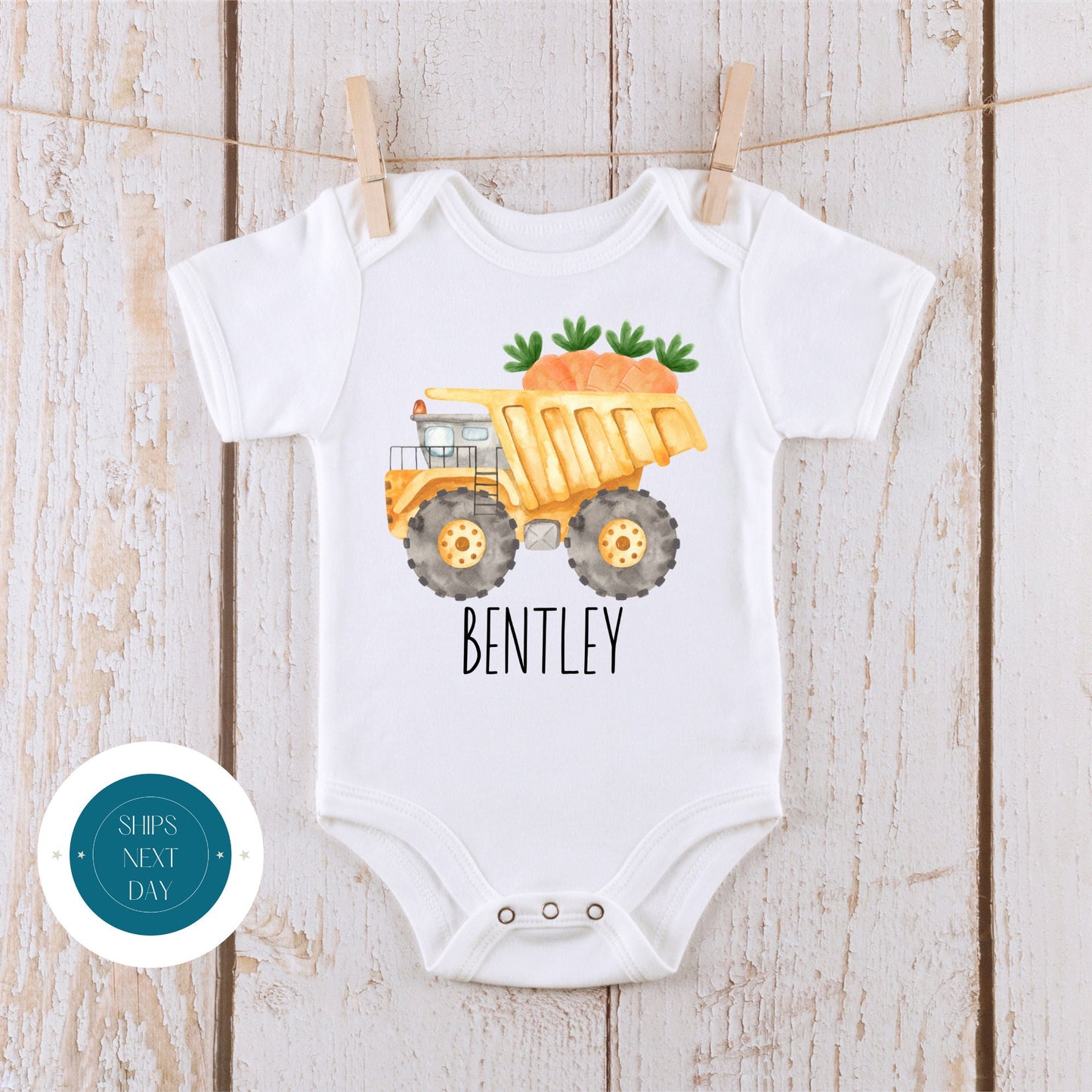 Easter Personalized Name Construction Truck Baby Onesie® | Cute Easter Kids Tshirt | Easter Custom Onesie®