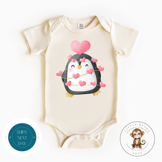 Penguin Heart Baby Onesie® | Valentine Kids Tshirt | Custom Baby Bodysuit | Valentines Day Tee